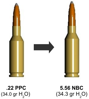 Figure 3. Morphing the .22 PPC keeps the volume while getting the taper needed for reliable feeding and extraction.