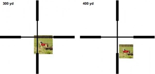 Figure 5. Sight picture needed to get center of impact on coyote vital zone at 300 and 400 yards when sighted-in on the mark at 100 yards. The red ellipse indicates where about half of the shots will hit with a 10 mph wind from the left and a wind-estimation error of 2 mph. Coyote picture credit: US Fish and Wildlife Service