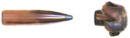 Figure C-1. Example expanded bullet. 125 gr Nosler Partition® The object pictured on the right does most of the penetration. We see that the expanded bullet is much shorter and possesses a lower sectional density. Photo courtesy of Steve Auger.